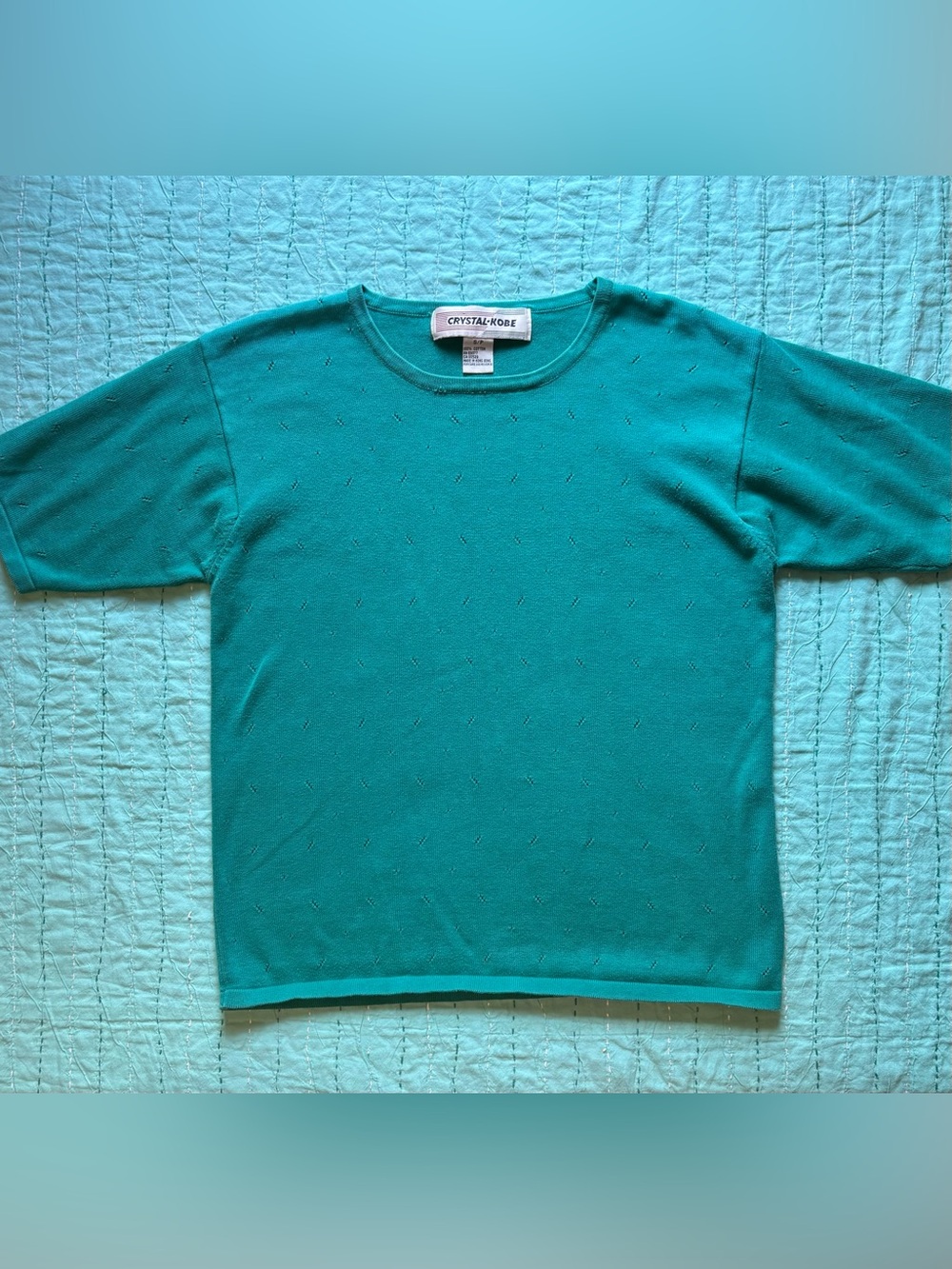 Vintage 100% Cotton Crystal Kobe Turquoise Knit Short Sleeve Embellished S/P